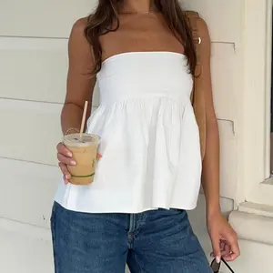 Women's ruffled strapless tube top, hem flowy corset tank Y2K sleeveless pleated back summer casual clothing, fashionable loose outdoor shirt, solid color basic slim-fit simple multi-color top long sleeve pocket jacket zipper front spring autumn faux