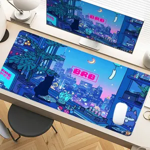 Cyberpunk Neon Cat & Futuristic City Desk Pad Gaming Mousepad XXL Mouse Pad For Laptop Desk Mouse Pad Extra Large With Non-Slip Rubber Base Stitched Edges Surface For PC Gamers Office Workers & Holiday Gifts Home Use