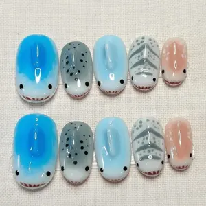 3D Shark Ocean Press On Nails | Kawaii Summer Beach Nail Set | Handmade Vacation Nails
