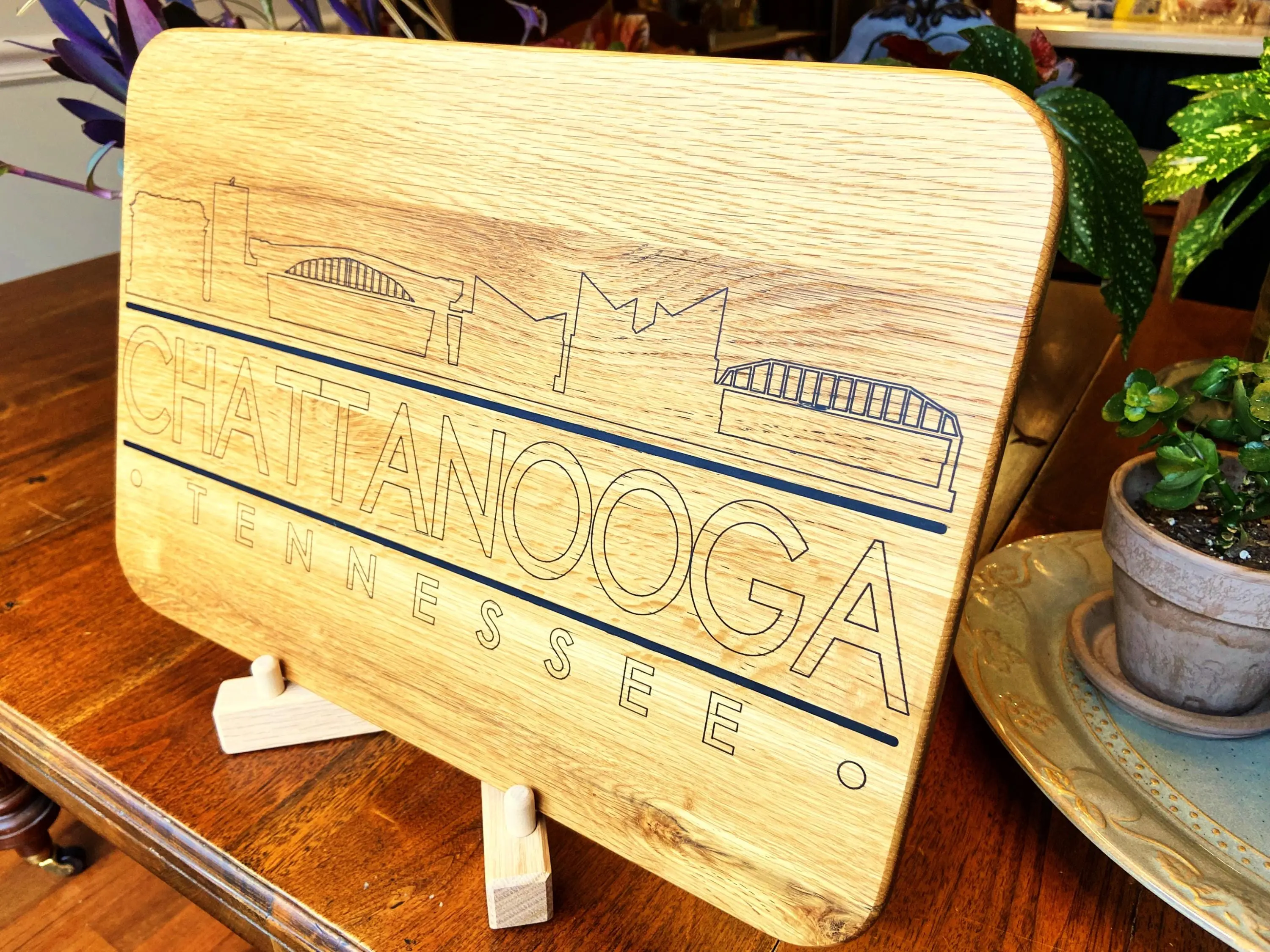 Handmade White Oak Charcuterie Board Featuring Chattanooga Skyline Engraved for Serving and Entertaining