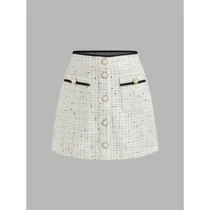 Cider [size 2-10] Tweed Mid Rise Solid Faux Pearl Button Mini Skirt