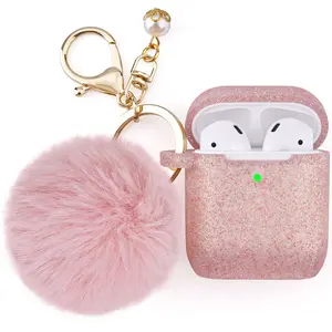 Compatible with Airpod 2&1 Case Cover, Cute Silicone Protective Accessories Cases/Keychain/Pompom, Best Gift for Girls and Women, Rose Gold