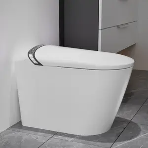 Elongated Smart Toilet with Bidet Built In Tankless Design Auto Open Close Seat Foot Kick LED Display Night Light Warm Water Dryer White Modern