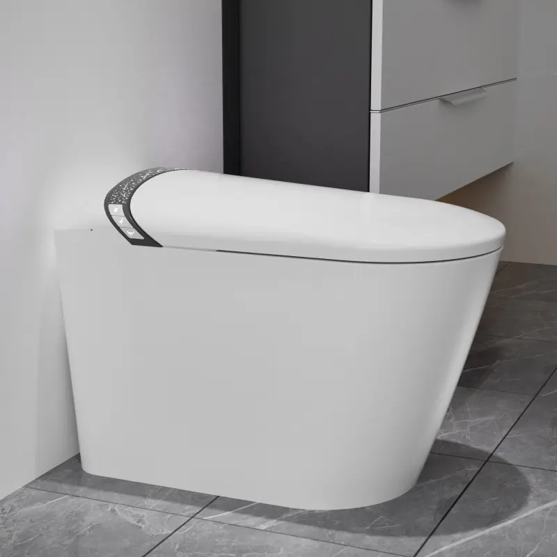 Modern White Elongated Smart Toilet with Built-In Bidet, Sensor Auto Open-Close Seat, Foot Kick, LED Display, Night Light, Warm Water Dryer, Tankless Design