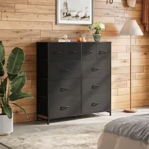WLIVE Dresser for Bedroom with 10 Fabric Drawers, Tall Chest Organizer Units for Clothing, Closet, Storage Tower with Cabinet, Metal Frame, Wooden Top, Dresser for Living Room