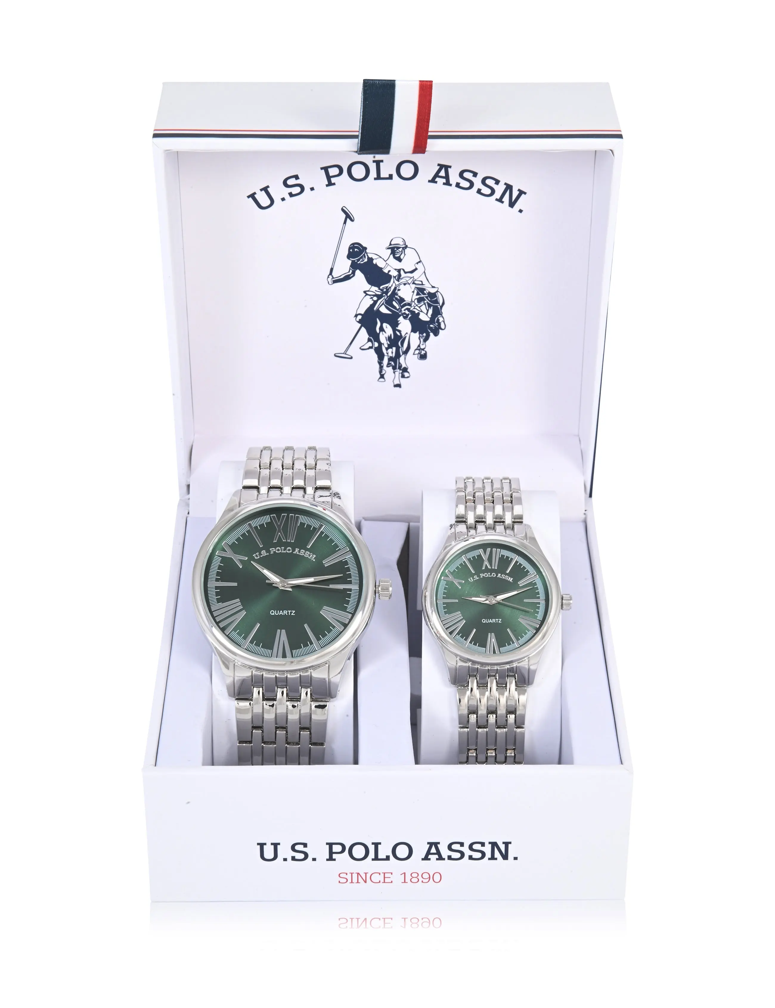 HIS AND HERS SILVR LINK WITH GREEN DIAL WATCH SET