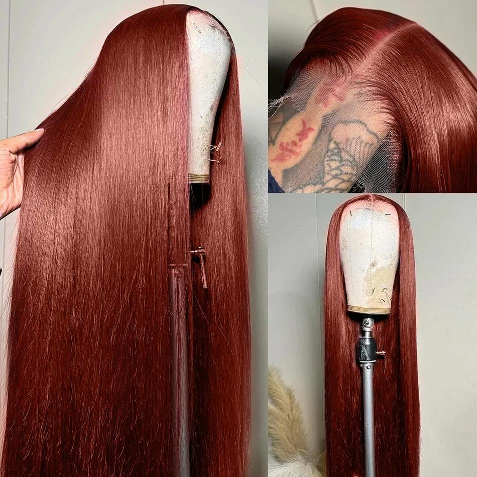 13x6 Reddish Brown Bone Straight Front Human Hair Wig For Women 150% Density Transparent Lace Frontal Wigs Pre Plucked