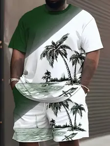 Men's Summer New Short Shirt Pants Set, Tropical Hawaiian Beach Palm Tree Print, Outdoor Casual Sports Clothing, Drawstring, Plus Size
