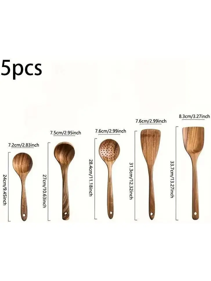 5 Pcs Natural Wooden Cooking Utensils Set, Wooden Spurtles for Non-Stick Pans, Includes Wok Spatula, Soup Ladle & Salad Fork, Wooden Kitchen Spoons Cooking Gift