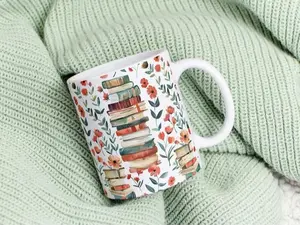 Watercolor Book Stack Coffee Mug: Literary Art Tea Cup