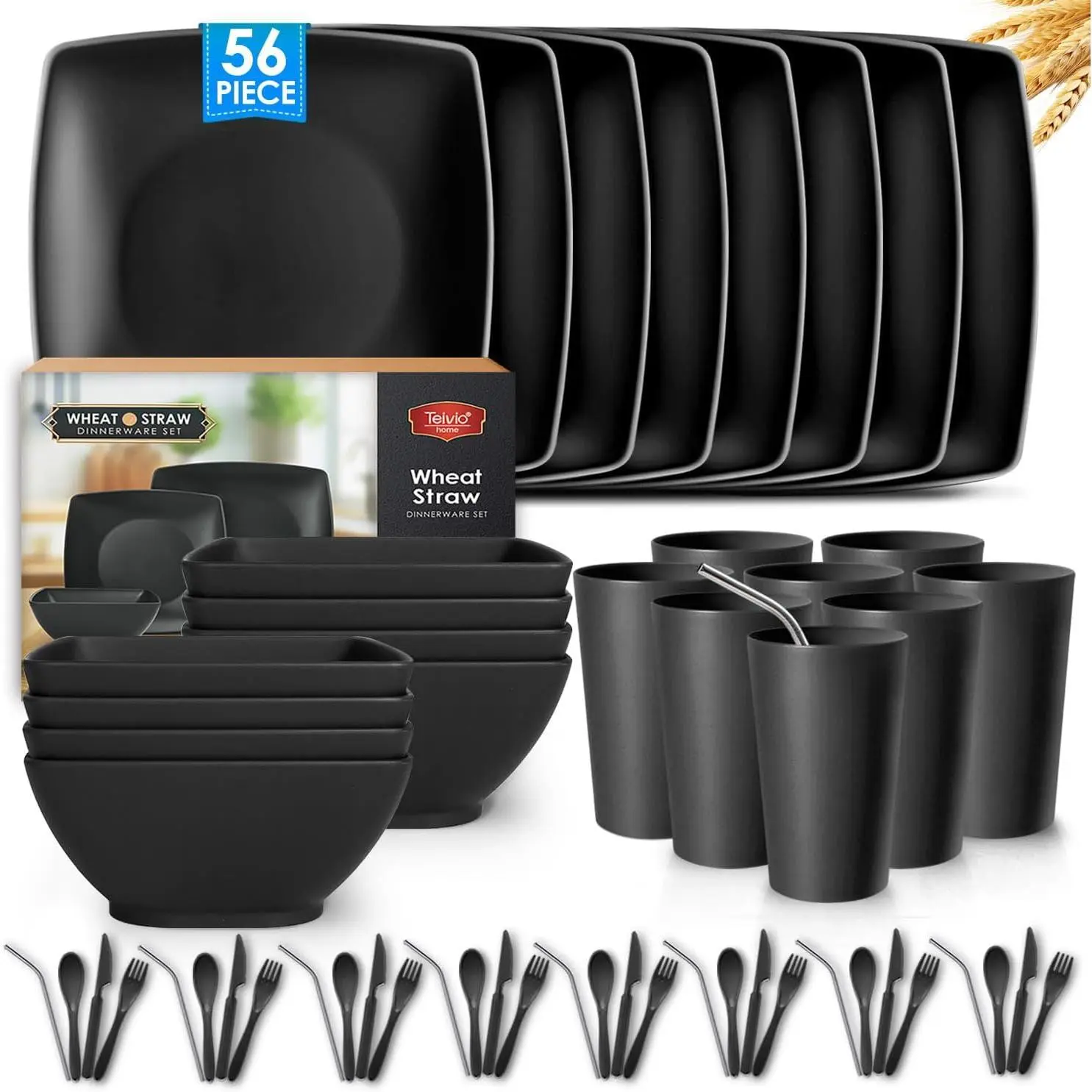 8-Person 56-Piece Sturdy Lightweight Camping Gear Wheat Straw Square Tableware Set, Unbreakable Plastic Dinner Plates, Snack Bowls, 13.5 oz Tumblers, Cutlery, Dishwasher Safe, Black for Camp Kitchen, Everyday Meals
