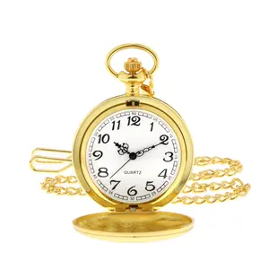 Smooth Vintage Pocket Watch with Chain, Gold