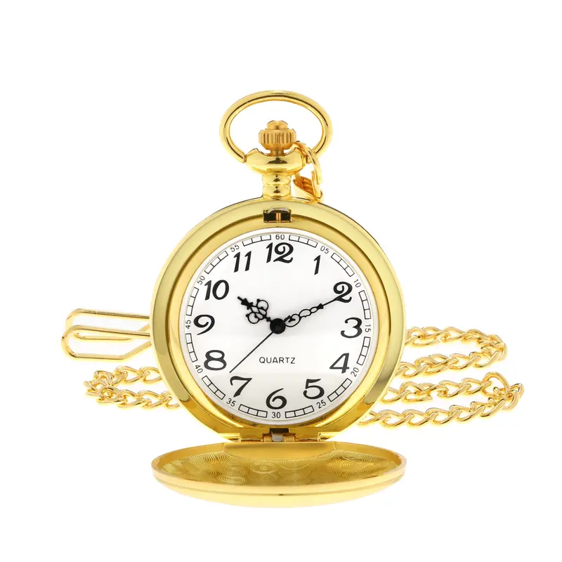 Smooth Vintage Pocket Watch with Chain, Gold