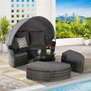 5 Pieces Outdoor Patio Round Daybed Furniture Wicker Conversation Set with Retractable Canopy Soft Cushions & Storable Table for Leisure in Porch Backyard Beige Rattan Swivel Bistro Sectional Oversized Aluminum Adjustable Umbrella Kids Picnic