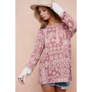 BiBi Aztec Print French Terry Top with Thumb Opening