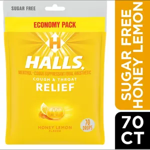 HALLS Relief Honey Lemon Sugar Free Cough Drops, Economy Pack, 70 Drops Healthcare Therapy