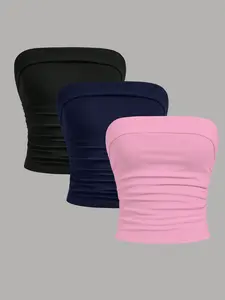 3-piece set - Girls' pleated waist ribbed knitted seamless short strapless