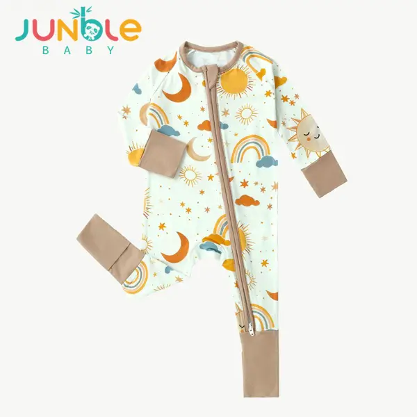 JUNBLEBABY Unisex Baby Bamboo Blend Footie Pajama, Long Sleeve with Sun, Star & Moon Print, Double Zippers & Reversible Footies, All-Season, Machine Washable