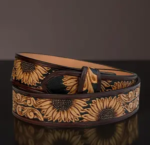 Sunflower Full Grain Genuine Leather Belt Tooled Embossed Men's Cowboy Belt Buckle Belt Strap 1.5" Rodeo Snap-On Belt With Buckle