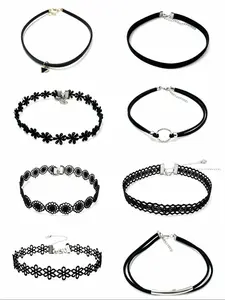 Women's & Teens' 8-Piece Black Choker Set - Lace, Minimalist Versatile Costume  Necklaces smooth chain religious  gold coating back-to-school gift fashion pendant daily prayer angel Bubble Initial girlfriend double bohemian flower color changing david