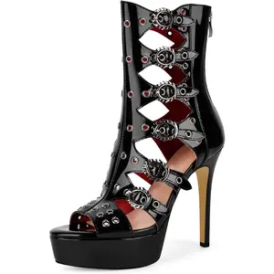 Evolra Women's Y2K Style Cutout Platform Stiletto Booties - Flame Buckle Peep-Toe Ankle Boots | Trendy Shoes for Party