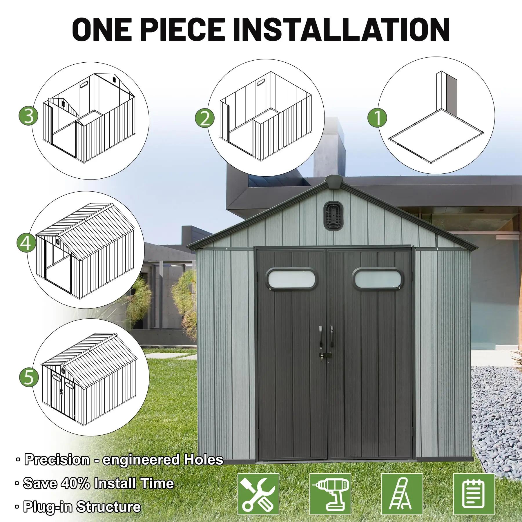 Outdoor Resin Storage Shed Lockable Door Waterproof Plastic Garden Tool Shed Windows Vents Patio Furniture