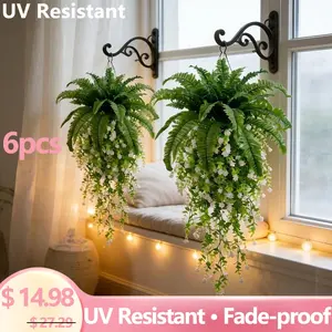 6Pcs High Quality Camellia Wall Hangings, Boston Fern Artificial Plants, UV Resistant Large Faux Greenery, Realistic Fake Plant for Garden Yard Patio, UK Summer Holiday Juneteenth Mexico Independence Day Home Wedding Modern Decor, Faux Flower Decoration