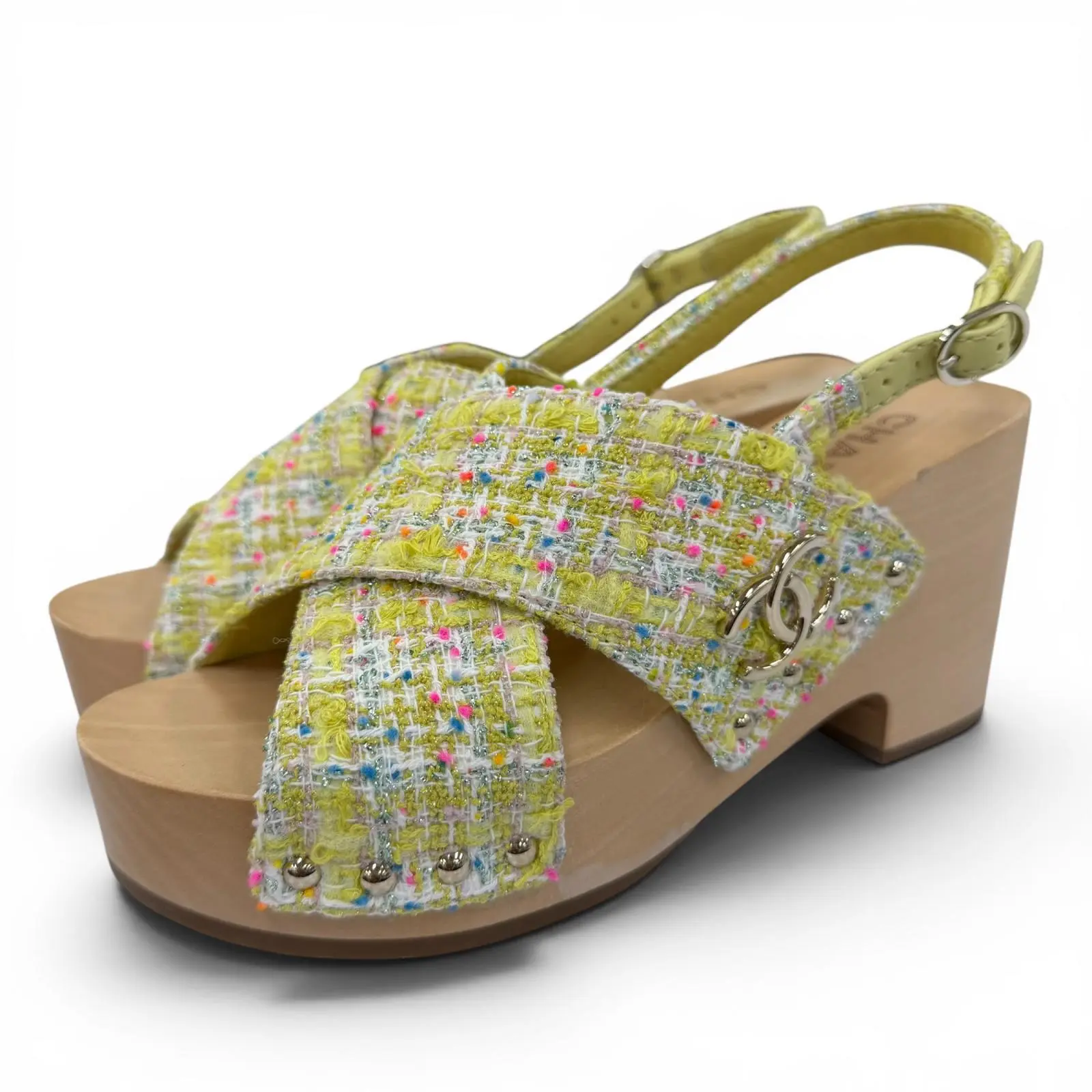 Pre-owned CHANEL Tweed Small Leather Goods Wedge Sandals
