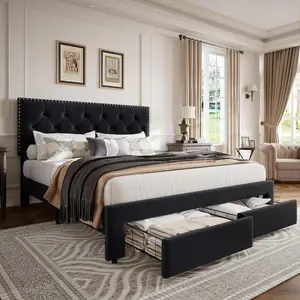 Full Size Bed Frame with 2 Storage Drawers,Black Vintage Velvet Upholstered Bedframe with Wooden Slat Support and Button Tufted Wingback Headboard, No Box Spring Needed, Noise Free
