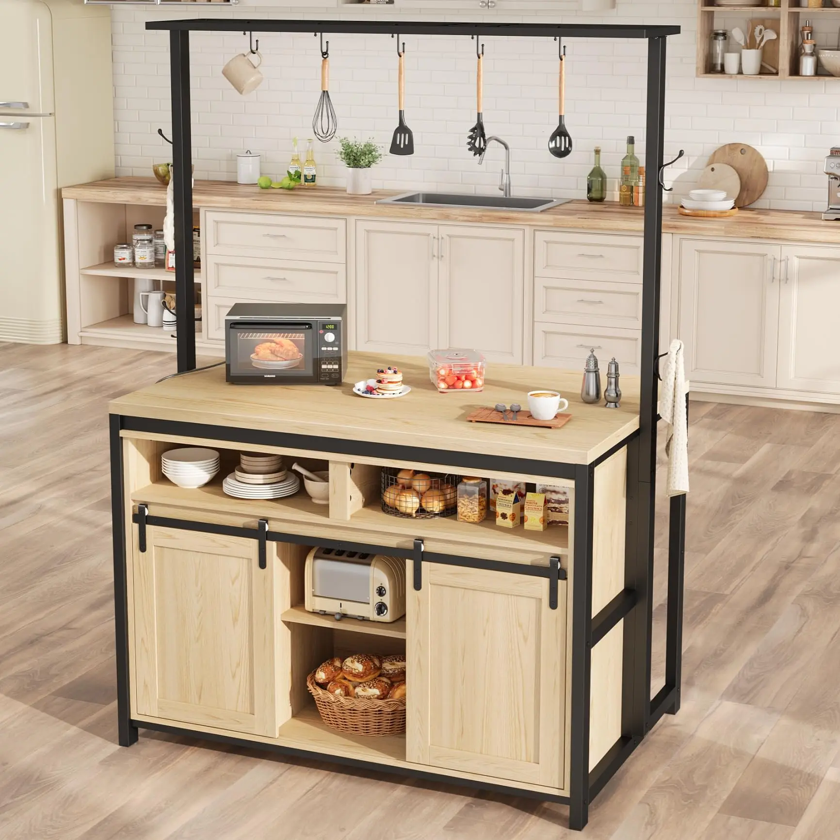 【GARVEE】Kitchen Island with Power Outlet - Rustic Wood Coffee Bar Station Featuring Sliding Barn Door, 9 Hooks, Open Storage Shelf, and Mobile Cabinet for Dining Room in Natural Wood Finish