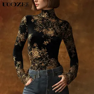 UOOZEE Women's 2026 New Spring Autumn Long Sleeve Skinny Floral Print High Neck Blouses Shirt Elegant Blouse, Ideal for Fall Dinner Dates, Winter Holiday Parties & Spring Layering(Sizing Runs Small - Check Size Guide or Order Larger)