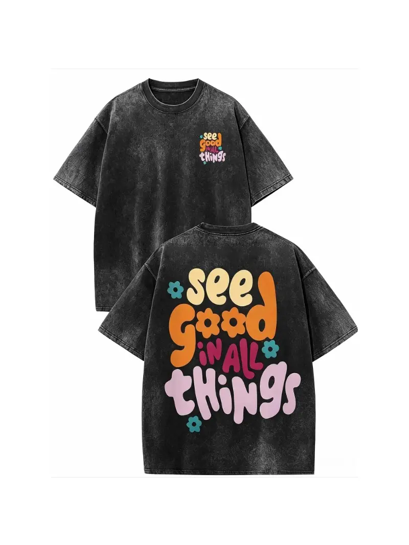 Women's Retro Washed Print Tshirt, Loose Fit Shortsleeve Streetwear Top, 230gsm Heavyweight Cotton, Vibe, Baggy