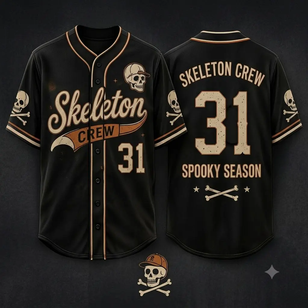 Skeleton Crew 31 Full-Button Baseball Jersey, Retro Skull and Crossbones Halloween Shirt, Spooky Season Game Day Outfit for Adults