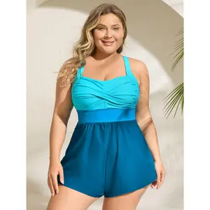 BLOOMCHIC Plus Size 1-Piece Tummy Control Swimdress - Summer Patchwork Contrast Crossover, Bodycon Cut, Swimsuit with Pockets, Built-In Shorts, M-6X 2026 Summer Pick, Plus Size Swimsuits 2026 Summer Vibes