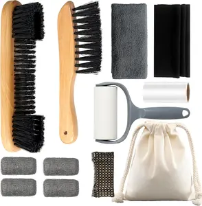 12PCS Pool Table Brush Set, with 2 Wood Brush, 4 Ferrule Polish Cloths, Cue Shaft Cleaner Cloth, Sticky Lint Roller, Storage Bag