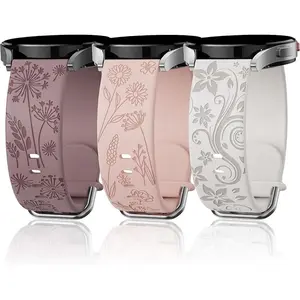3-Pack 20mm Soft Silicone Wearable Smart Watch Bands, Flower-Engraved Waterproof Accessories with Durable Buckle, Steel-Rubber Design, Spring Lug, Compatible with Galaxy Watch 7/FE/6/5/4/Active 2/5 Pro/6/4 Classic (Multiple Sizes)