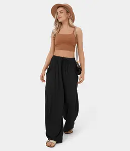 Halara Mid Rise Elastic Waistband Drawstring Side Pocket Palazzo Flowy Wide Leg Casual Pants