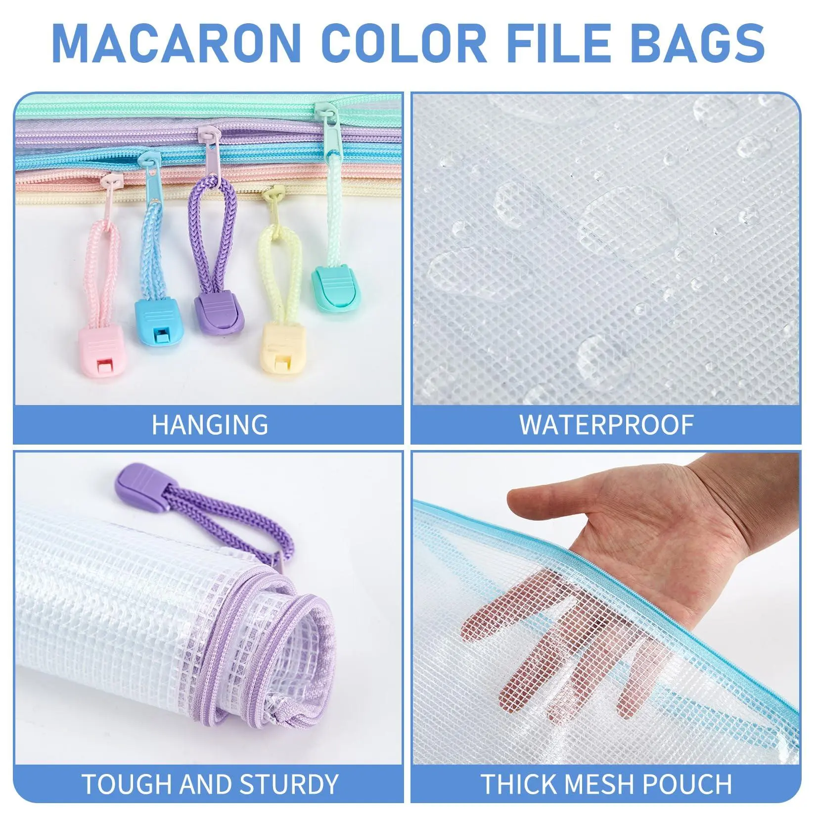 50-Pack Translucent Plastic Mesh Zipper Pouches with Colorful Zips, A4 Letter Size Waterproof File Bags for Office Supplies & Outdoor Furniture Accessories Storage