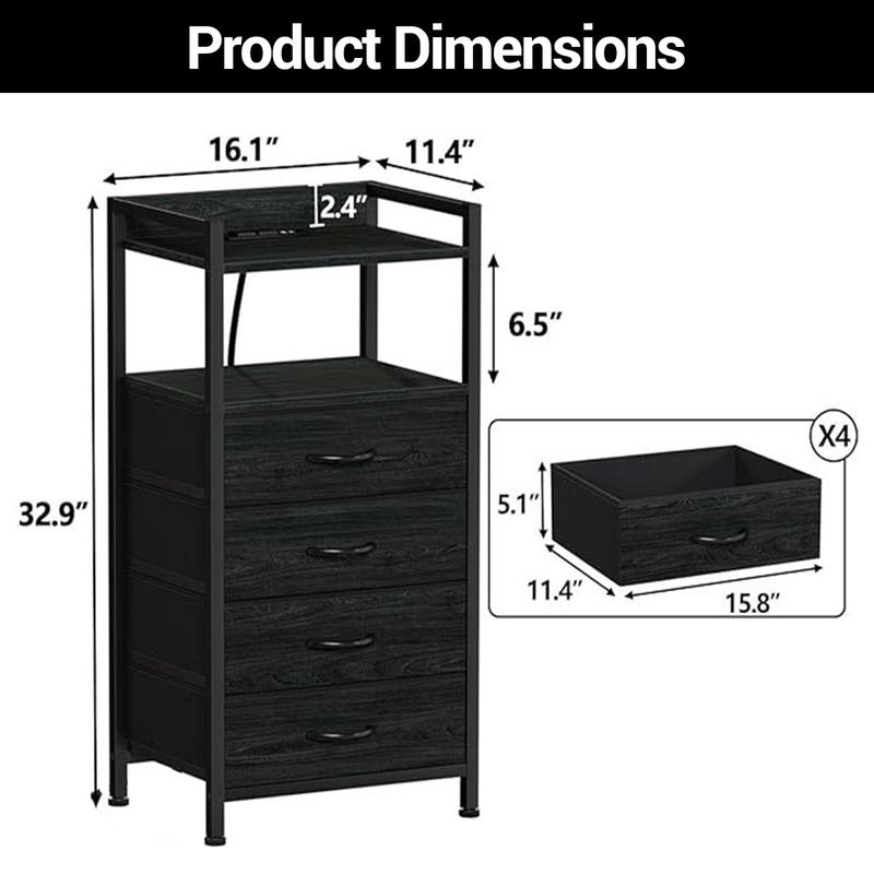 Bedside Table, Side End Table with 4 Fabric Storage Drawers, Bedside Cabinet with Open Storage Shelf, Nightstand for Bedroom, Livingroom, Office, 41 * 29 * 83.5Cm, Black