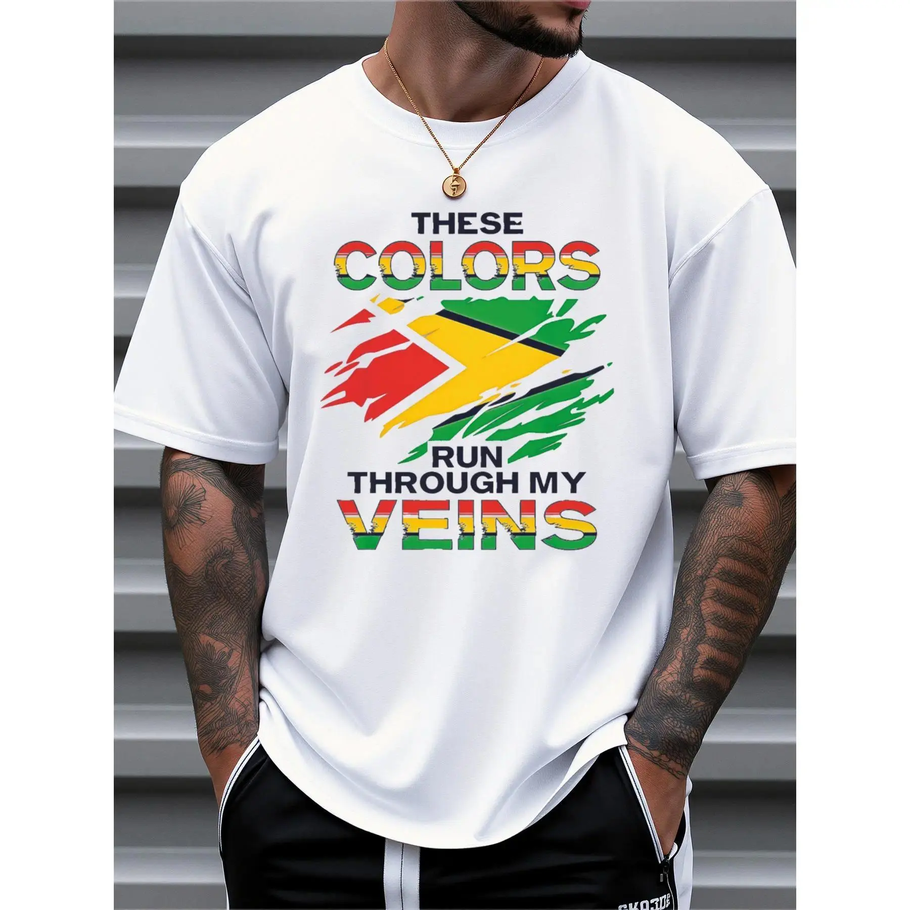 Men's Guyana Flag Graphic T-Shirt - 100% Cotton Loose Fit Casual Short Sleeve Tee with Cultural Print for Spring & Summer Outdoor Daily Wear