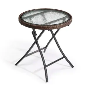 Outdoor Rattan Side Table, Foldable Wicker Patio Table with Tempered Glass Top, Small Portable Round Table for Garden, Porch, Balcony, Poolside, Deck, and Lawn