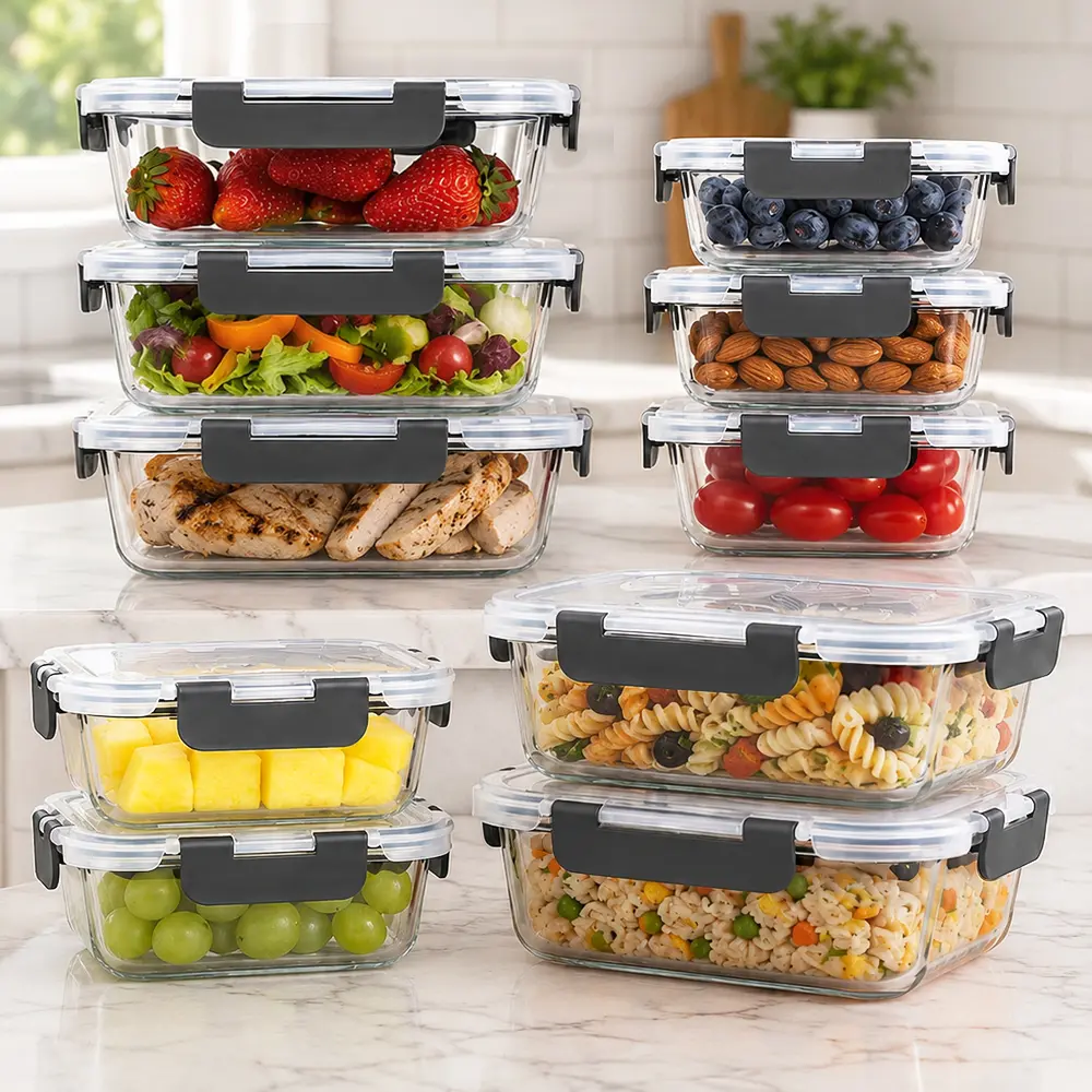 Glass Food Storage Containers Set 10-Pack With BPA-Free Airtight Locking Lids for Lunch & Leak-Proof Multicolor Kitchen Utensils for Meal Prep, Microwave, Oven, Freezer, Dishwasher Use for Easy Clean, 10 Containers & 10 Lids Make whole weekly meals