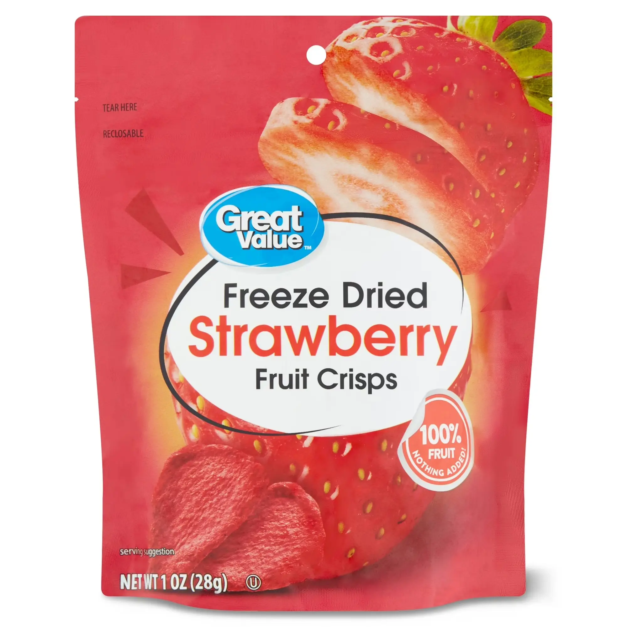 Great Value Freeze Dried Strawberry Fruit Crisps, 1 oz – 100% Strawberry Crispy Fruit Snack, Resealable Bag