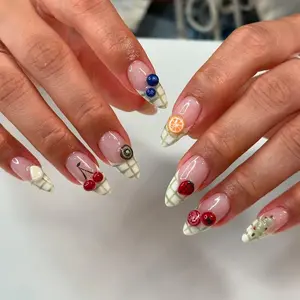 Fruity Summer Press On Nails, Cute 3D Fruit Nail Art for Picnic & Vacation nails, Fruit French Tip Fake Nails, Green Plaid Picnic Nails