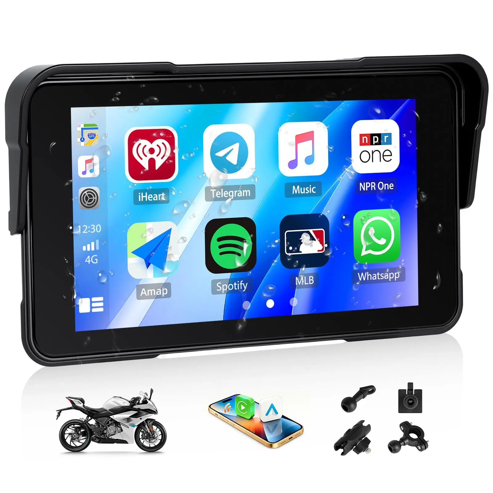 Podofo 5-in Portable Motorcycle Carplay Display - Wireless Carplay, Android OS, IP68 Rated, Dual BT Audio, GPS Navigation, USB, Siri/Google Compatibility, Plug-and-Play Unit