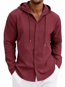 Men's Linen Hooded Shirt, Long Sleeve, Colorblock Leather Drawstring, Loose Fit, Breathable Fabric, Casual Spring & Fall Top, Multi-Scene Wear