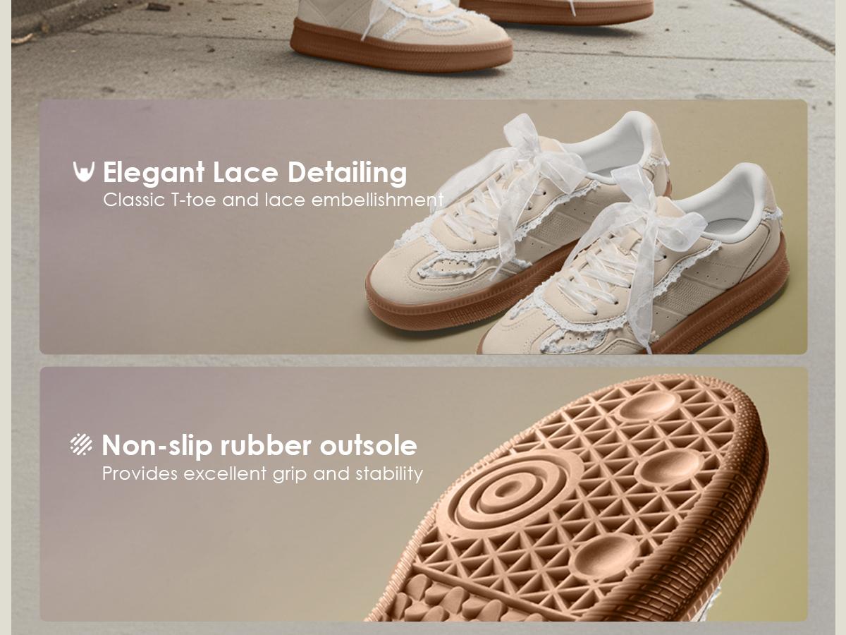 Vilanva Women's Lace Detail Fashion Sneakers Comfortable Casual Dress Sneakers with Retro Gum Sole Walking Trendy Footwear