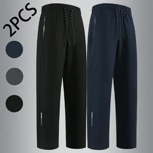 2-pack men’s spring/summer sports outdoor long pants with printed cuffs, zippered pockets, and a drawstring waist; stylish, versatile long pants for cycling and hiking, boyfriend fit