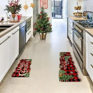 Christmas Kitchen Rug Set, Washable Polyester Holiday Mats with Truck and Buffalo Plaid Design, Home Decor Rugs, Home and Bathroom Indoor Decor