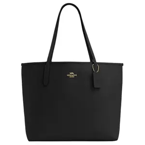 COACH City 33 Logo Snap-Clasp Leather Tote Bag for Women, Large Shoulder Handbag in Black